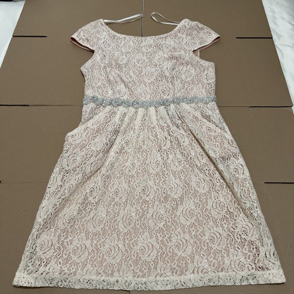 City Triangles Dress Ivory Lace Overlay Crystal Belt Sleeveless Pocket Sz 14 Y2K